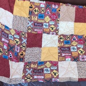 Cotton Patchwork Quilt with Railway Theme 42x58.  Flannel Back